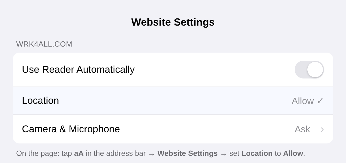 Website Settings - Location - Allow